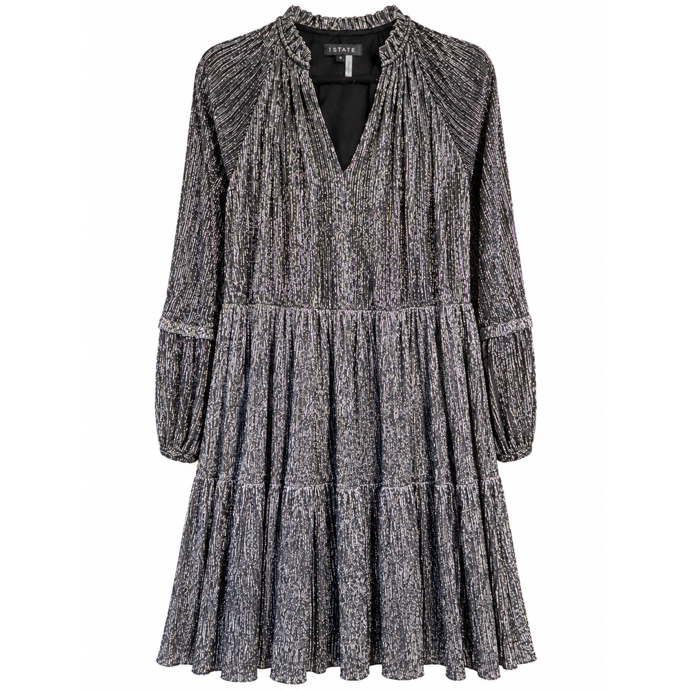 1.STATE Womens Metallic Plisse Tiered Mini Dress Silver Purple Long Sleeve S